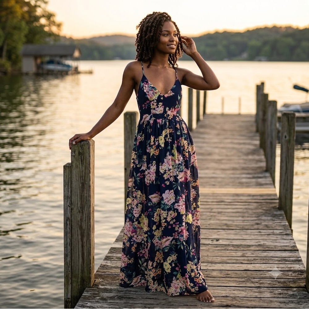 Miss Avenue Navy Maxi Dress with Pink & Cream Floral Print